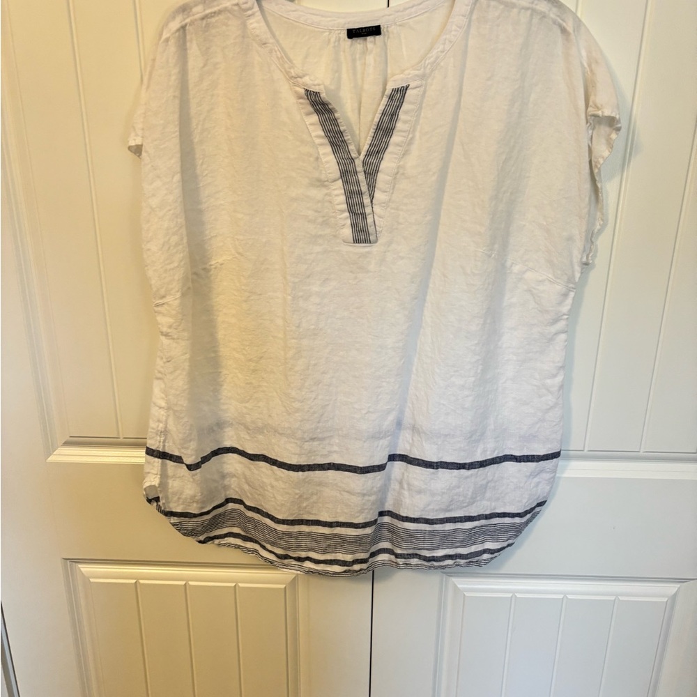 Talbots White and Navy Relaxed Linen Blouse